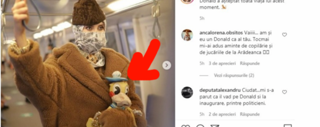 Iulia Albu l-a dus pe Donald Duck să îl plimbe cu metroul.   A stat în picioare deoarece în metrou nu există locuri rezervate celor cu rățoi in brațe sau cu găini în cap